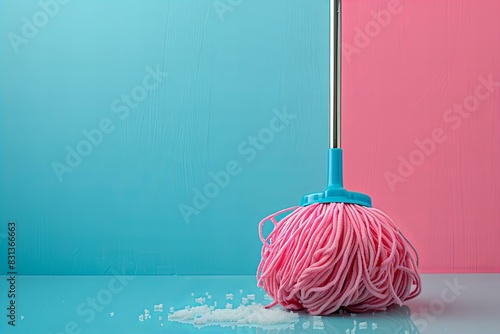Pink mop blue handle blue surface