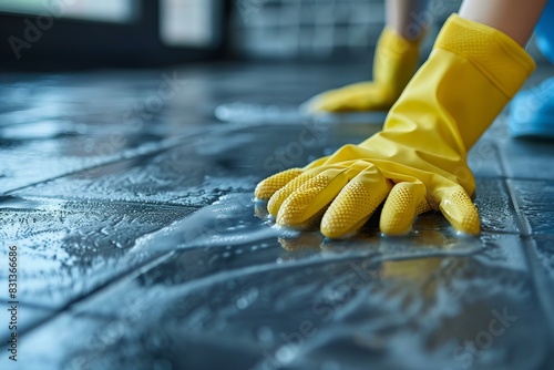 Person cleaning floor with yellow glove