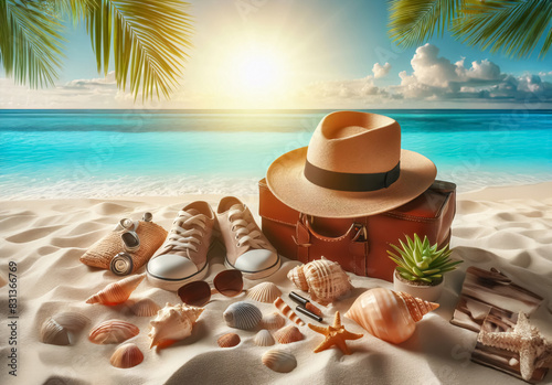 Hut, Koffer und Schuhe an einem Strand unter Palmen, Urlaubs Konzept