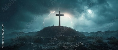 Low-angle view CG 3D rendering of a solemn cross on a jagged hill, enveloped by stormy skies softly whispering redemption, hyper-realistic textures, and atmospheric depth