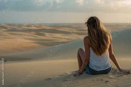 Giraffe sitting sand desert looking sky