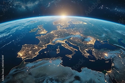 Sun rising over europe seen from space