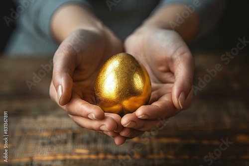 Person holding golden egg on wooden table