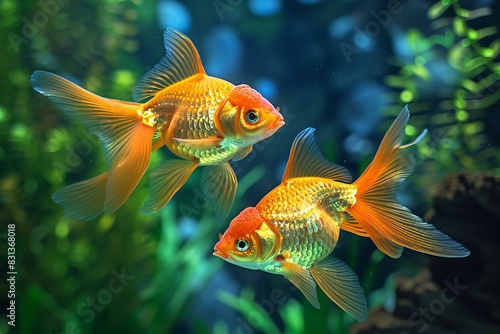 Two goldfish swim tank plants