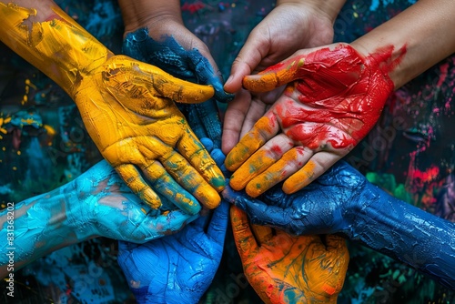 Hands painted with various colors holding each other