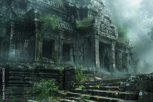 Enigmatic ancient temple ruins overtaken by nature, shrouded in fog