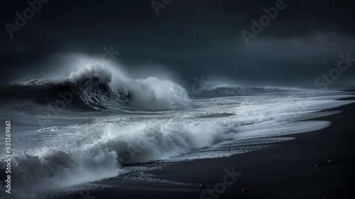 A striking image of a black sand beach with powerful waves crashing against the shore, under a dark, overcast sky that enhances the dramatic, moody atmosphere. 32k, full ultra hd, high resolution