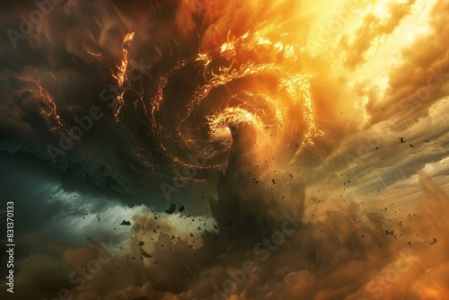 Apocalyptic firestorm and tornado wreaking havoc on a dramatic sky in a digital illustration of disaster and inferno