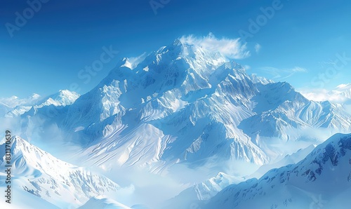 A snowcovered mountain range under a clear blue sky, with sunlight reflecting off the peaks, high contrast, photorealistic style,
