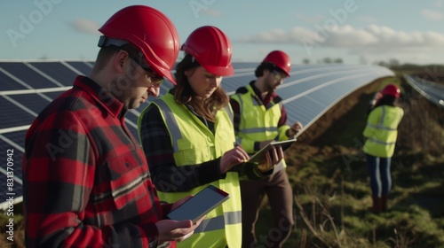 Group of engineers in safety helmets and vests using tablets at a large solar power plant