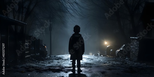 A spooky scene with a child standing alone on a dark street. Concept Spooky Scene, Child Portrait, Dark Street, Lonely Figure