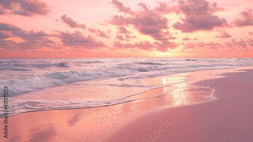 A tranquil beach at sunset, with the sky painted in shades of pink and orange, and gentle waves lapping the shore, reflecting the soft pink hues. 32k, full ultra hd, high resolution