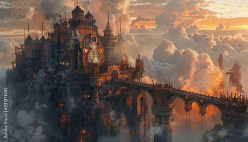 A steampunk medieval castle with mechanical turrets and clockwork gears, industrial and fantastical, warm tones, detailed illustration,