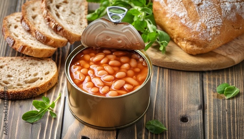 Baked Beans in a can on a table with bread