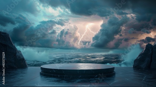 Scenic panorama featuring a sleek black podium, turbulent lightning storm backdrop, striking contrast, meticulous detail, visually stunning and atmospheric