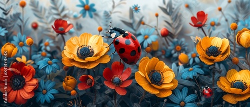 Graphic seamless pattern of cute ladybugs and flowers. simple shape.