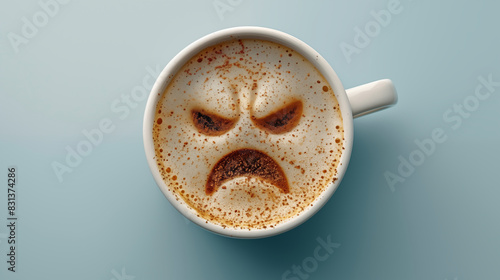 Coffee with a bad mood in the morning, isolated background. Concept of negative emotions and morning routine.