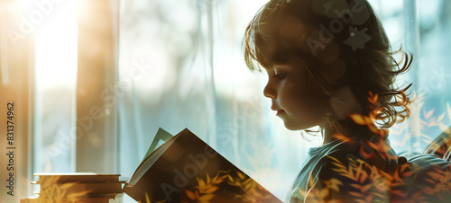 child reading a book, imaginative adventure, quiet time, educational growth, close up, focus on, copy space, Double exposure silhouette with books.