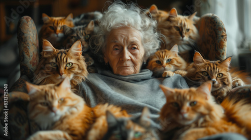 Grandmother with tabby furry cats around her.
