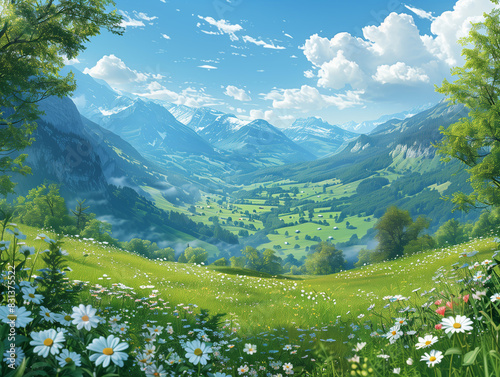 Paysage d'une superbe prairie de montagne à l'herbe verte sous un soleil clair et un ciel bleu, fermes et village au loin, illustration