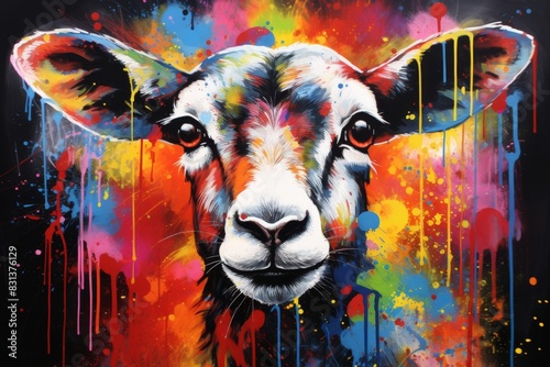 Sheep painting with vibrant and detailed multicolored background elevating artistic beauty