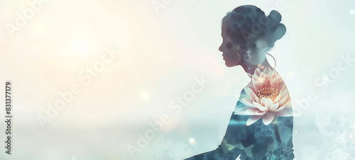 peaceful meditation session, relaxed posture, inner calm, mindfulness practice, close up, focus on, copy space, Double exposure silhouette with lotus flower.