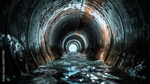 A long, dark underground tunnel with water flowing through it