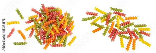 raw Fusilli colored pasta, isolated on white background with full depth of field. Top view. Flat lay