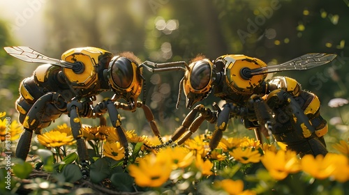 Close up View of a Buzzing Swarm of Stinging Wasps in a Vibrant Floral Garden