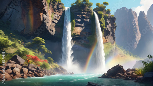 A majestic waterfall cascades down rugged cliffs in a hidden oasis, where lush vegetation thrives amidst the roar of rushing water and misty rainbows, Generative AI
