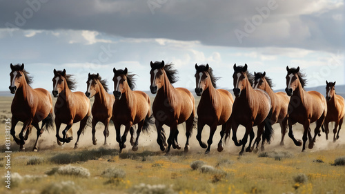 A herd of wild horses gallops freely across the open plains, their flowing manes and thundering hooves a symphony of raw energy and untamed grace, Generative AI