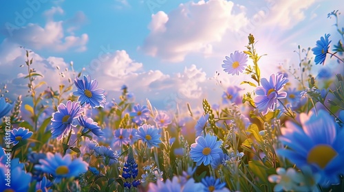 Serene and Artistic Natural Scene: Beautiful Pastoral Landscape with Chamomile and Blue Wild Peas in Morning Haze Against a Blue Sky with Clouds. 