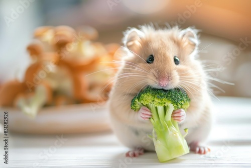 A cute hamster eating broccoli.