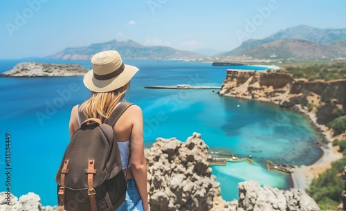 Young woman with backpack enjoying sea view from a castle in Crete