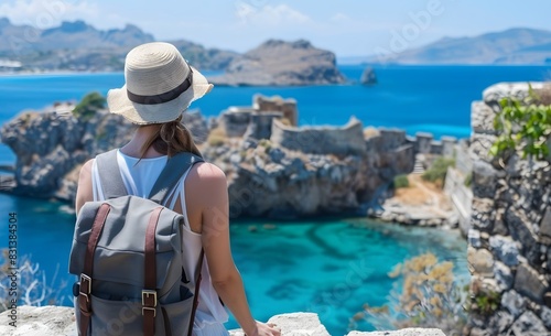 Young Woman in Hat with Backpack Admiring Sea View from Castle