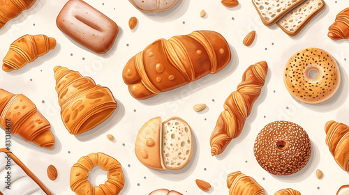 Flat art featuring various types of bread and croissants. The scene is depicted in a simple and clean style, with each item drawn with clear lines and minimalistic details