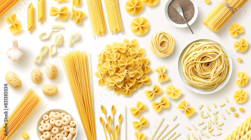 Flat art featuring various types of pasta and spaghetti. The scene is depicted in a simple and clean style