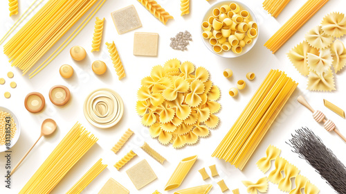 Flat art featuring various types of pasta and spaghetti. The scene is depicted in a simple and clean style