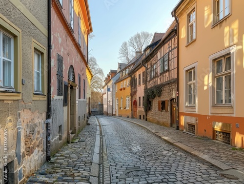 Panoramic view of a cobblestone street lined with buildings of various textures and colors. Historic architecture and a sense of European charm.
