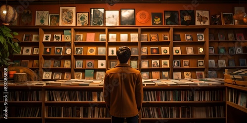 Customer looking at shelves of vintage vinyl records and antique books. Concept Vintage Records, Antique Books, Shelf Display, Customer Interaction, Retail Experience