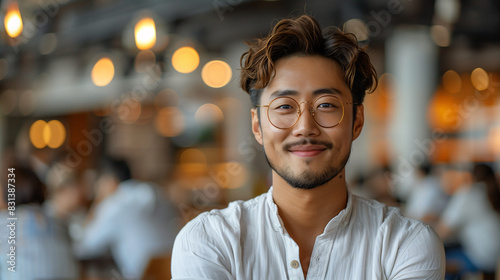 Smiling young Asian man with glasses and wavy hair in a white shirt, in a modern office background
