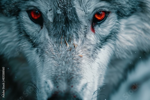 Closeup portrait of an intense redeyed canis lupus wolf in the snowy wilderness, displaying its powerful and enigmatic gaze in a chilling and haunting winter forest setting