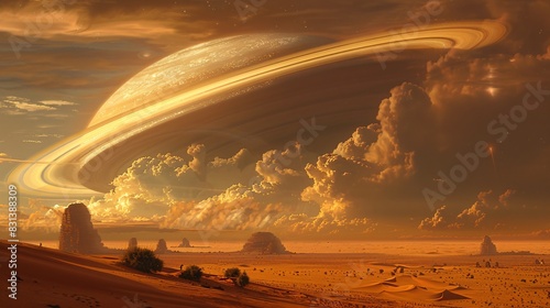 Dreamlike desert scene with a colossal Saturn in the sky, blending natural beauty with cosmic wonder