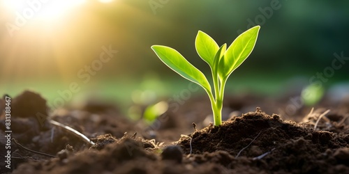 Corn field on Earth Day with young plants germinating in fresh soil. Concept Earth Day, Corn field, Young plants, Fresh soil, Germination