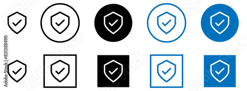 Shield check mark icon set. Security shield protection symbol with tick symbol. Editable stroke.