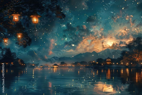 An oasis under a starry night sky, with lanterns illuminating the scene and casting reflections on the water, magical and serene, cool tones, illustration style,