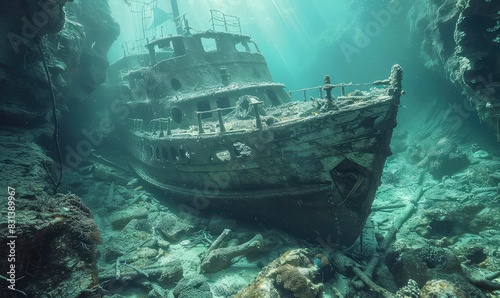 Ancient coralcovered shipwreck, muted tones, photorealistic, historical and mysterious,