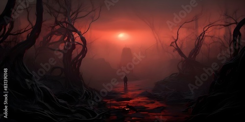 Red tendrils cast surreal radiance in desolate wasteland. Concept Surreal Photography, Radiant Red, Desolate Landscape, Abstract Art, Visual Contrast