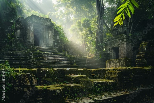 Sunbeams illuminate the mystical atmosphere of a forgotten temple engulfed by the dense tropical forest