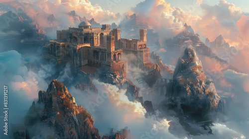 Ancient ruins on a mountain peak surrounded by clouds, warm and cool hues, photorealistic, digital painting, dramatic and aweinspiring,